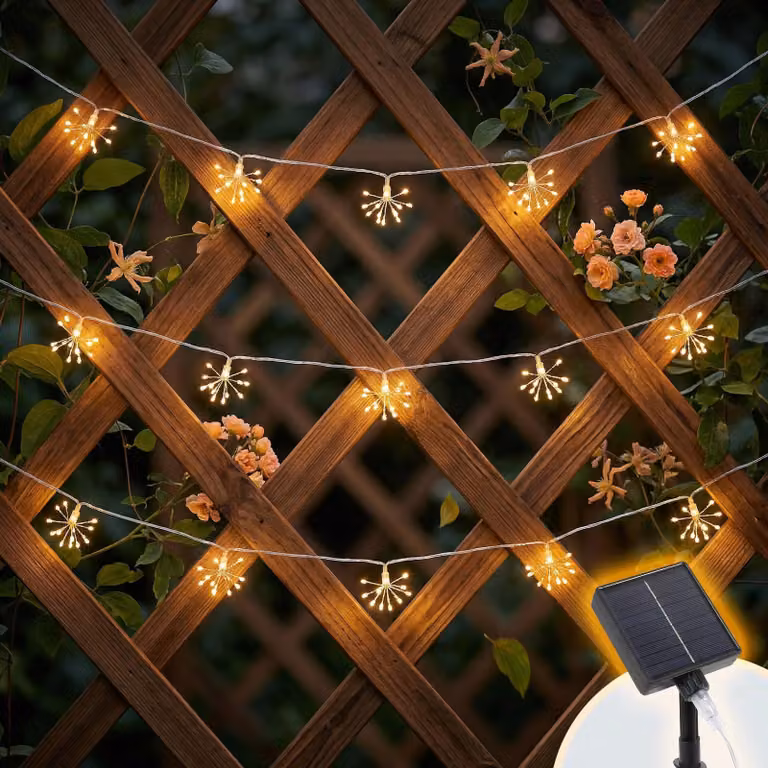 Catena luminosa solare con 75 LED, effetto fuochi d'artificio, luce bianca calda, 5 pezzi, resistente alle intemperie