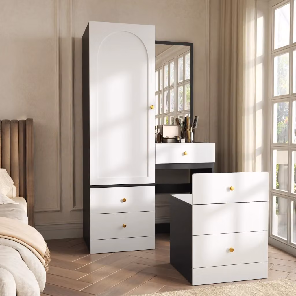 Armadio guardaroba FOLYNA con specchio intero, sgabello estraibile e 4 cassetti in MDF bianco e nero L: 90 cm, P: 50.5 cm, H: 160 cm – 2