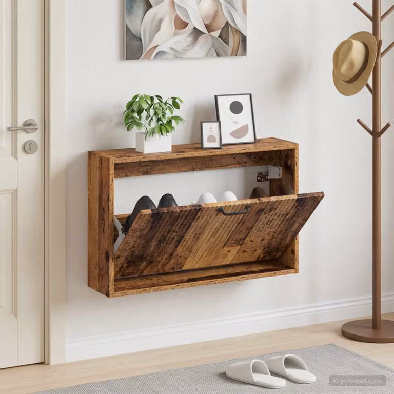 vidaXL Mobiletto per scarpe da muro HOORN moderno in legno e metallo, L: 71 cm, P: 17 cm, H: 43 cm, marrone e nero
