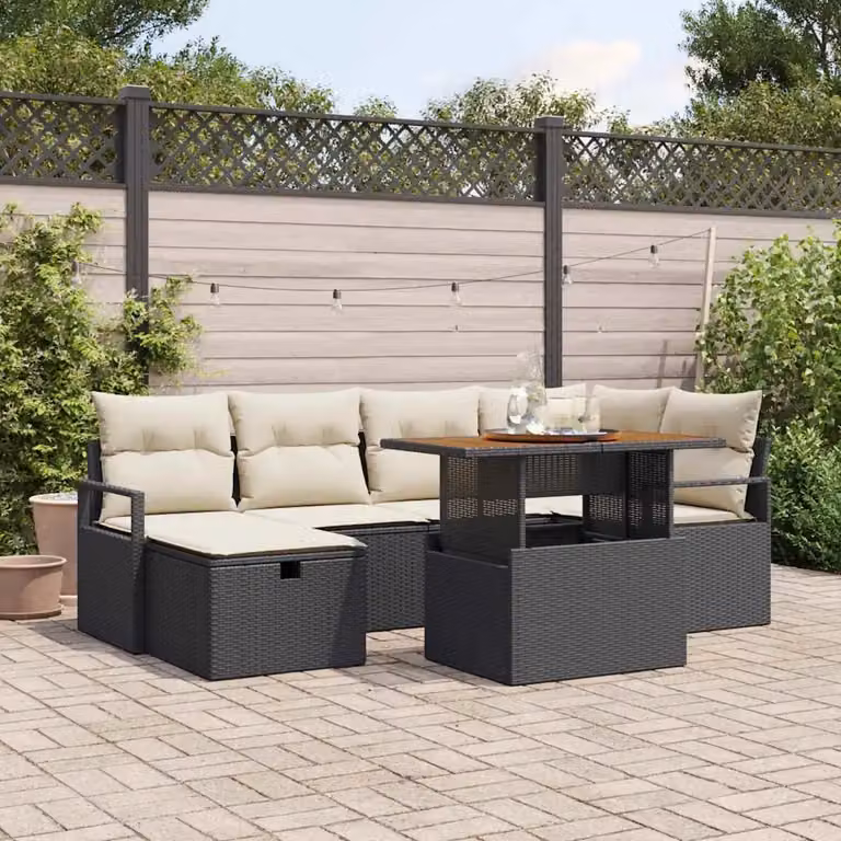 Set Divano da Giardino vidaXL 7 Pezzi in Polyrattan Nero con Cuscini e Tavolino