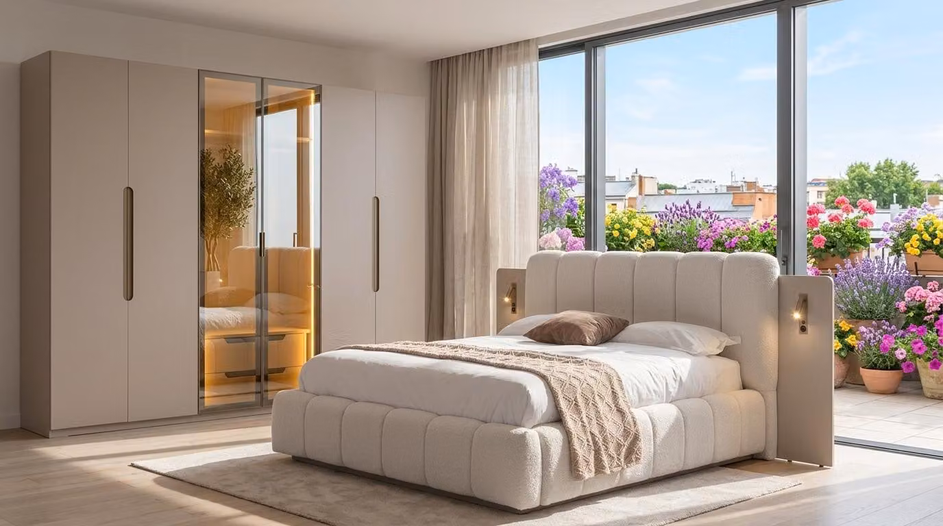 Set per camera da letto: letto, armadio, comodino. Stile moderno, colore grigio-beige, versatile
