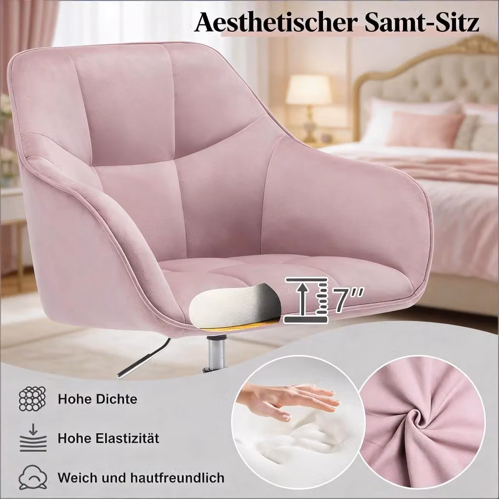 Sedia da ufficio girevole REDOM in velluto rosa con braccioli e ruote, design moderno per casa e ufficio – 2