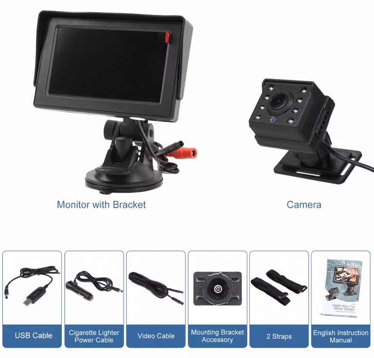 Videocamera per auto per bambini con monitor da 4,3 pollici, risoluzione 1080p, orientata verso il sedile posteriore con visione notturna, rotazione a 360°, ampio angolo di visione, presa USB per la sicurezza