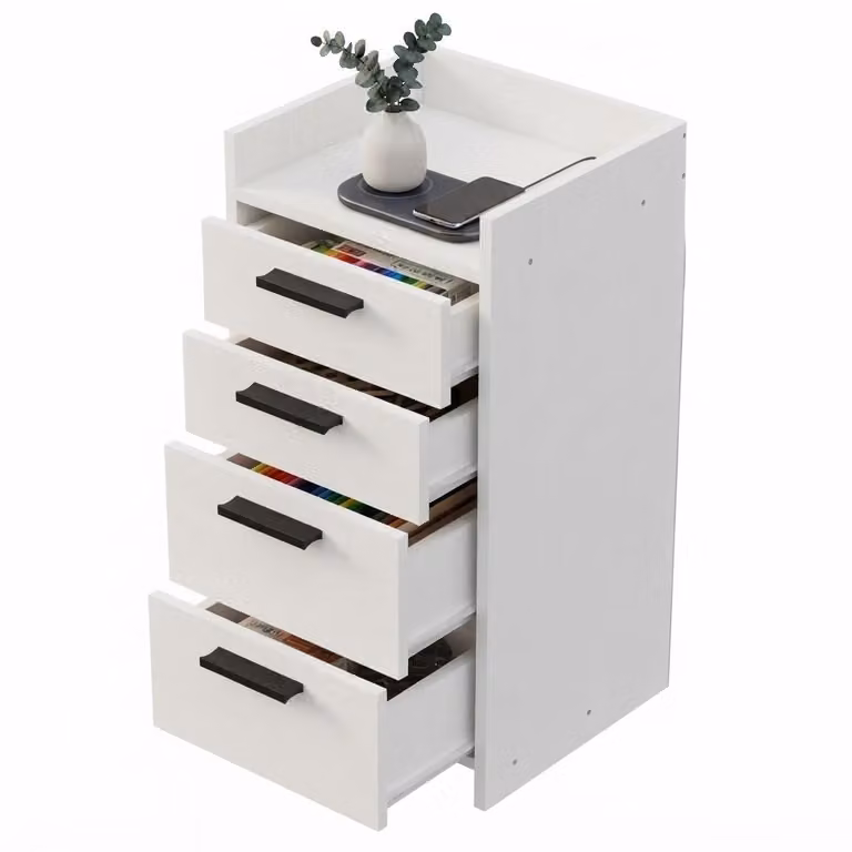 Comò bianco a 4 cassetti, cassettiera alta su ruote / armadio da ufficio