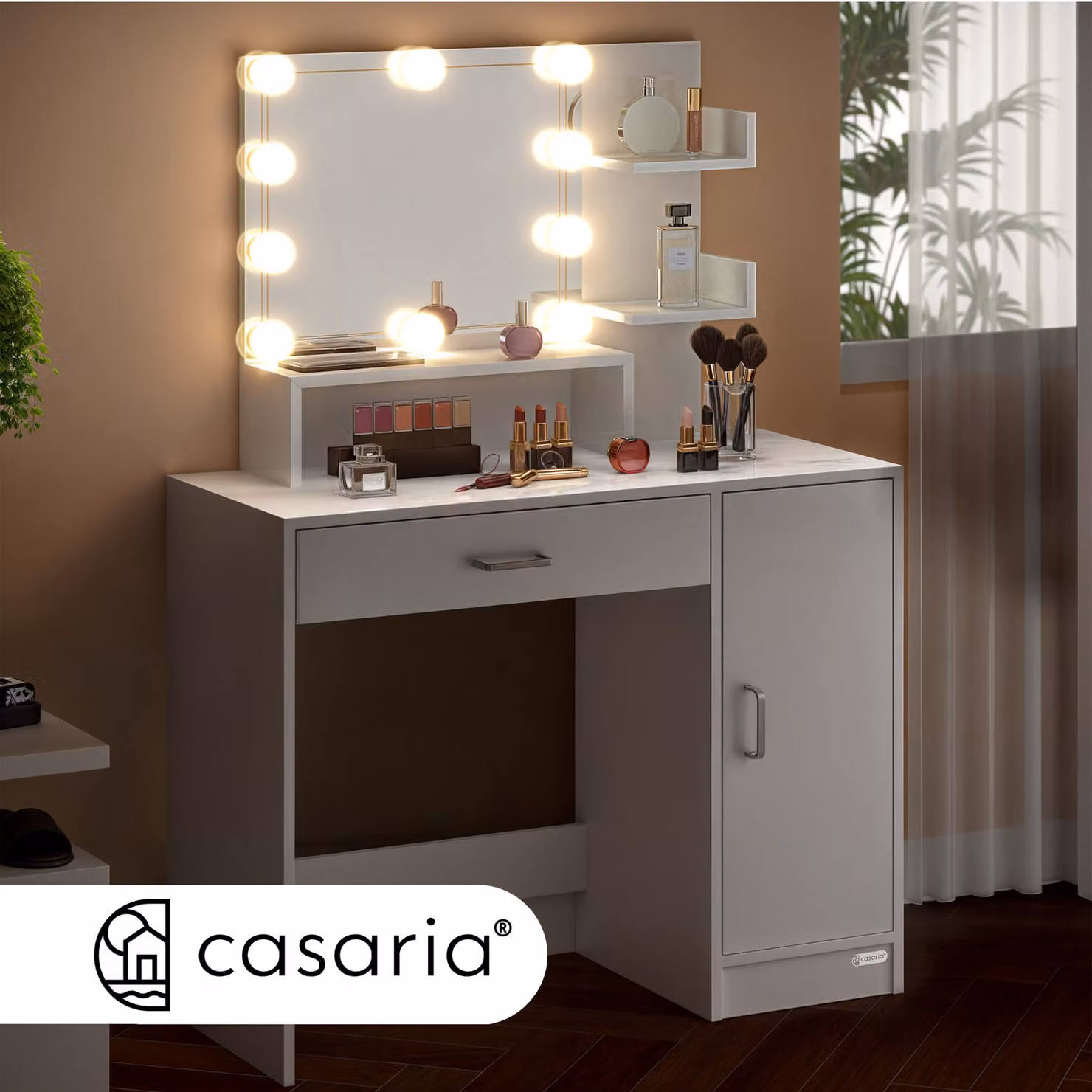 Tavolino da trucco Casaria con specchio LED e cassetto, bianco, L: 140 cm, P: 90 cm, H: 40 cm – 3