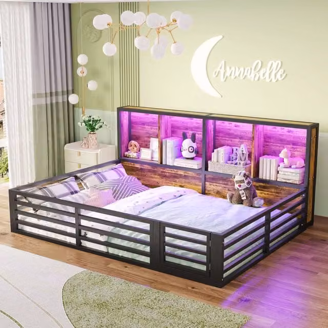 Letto REDOM con illuminazione LED e scomparti laterali in metallo e MDF nero L/P: 140 x 200 cm