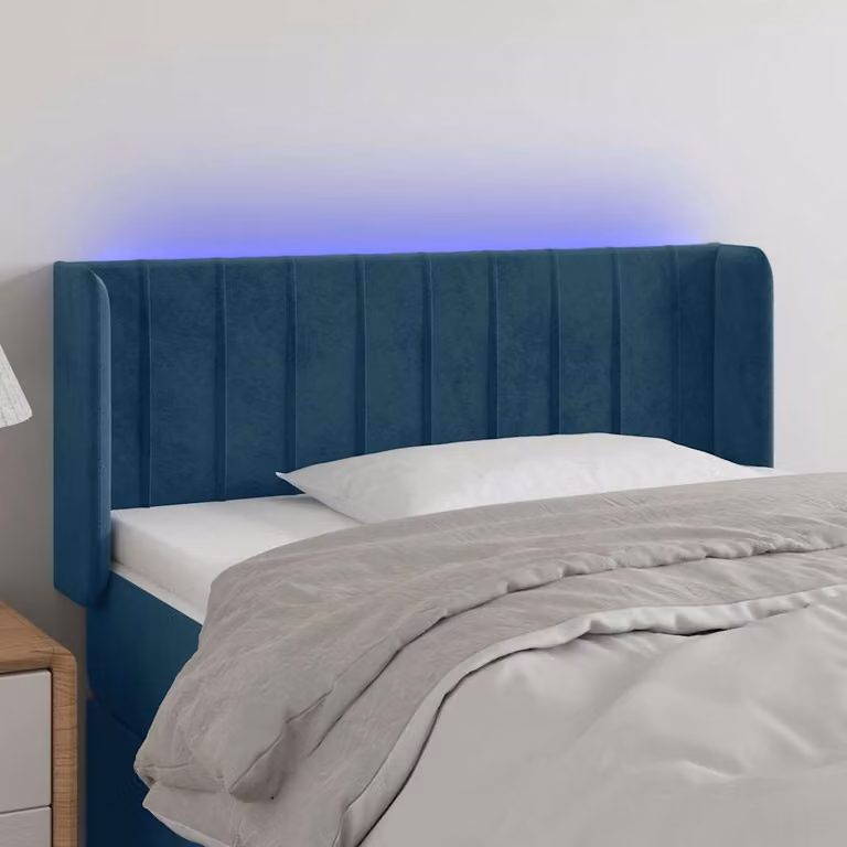 Testiera per letto vidaXL in velluto blu scuro con illuminazione LED integrata e porta di ricarica USB, L: 103 cm, P: 16 cm, H: 78-88 cm