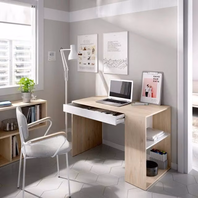Scrivania DMORA per ufficio o cameretta, Tavolo da studio moderno in Rovere e Bianco, L: 115 cm, P: 50 cm, H: 74 cm