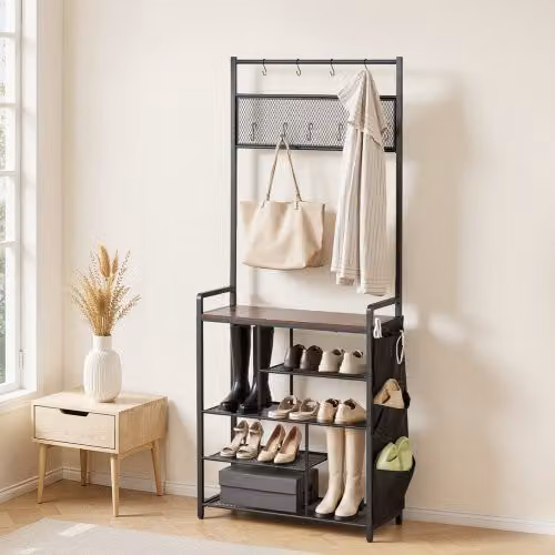 VEVOR Mobiletto Appendiabiti da Ingresso con Scarpiera e Ripiani, Colore Nero, H 180 x L 75 x P 30 cm