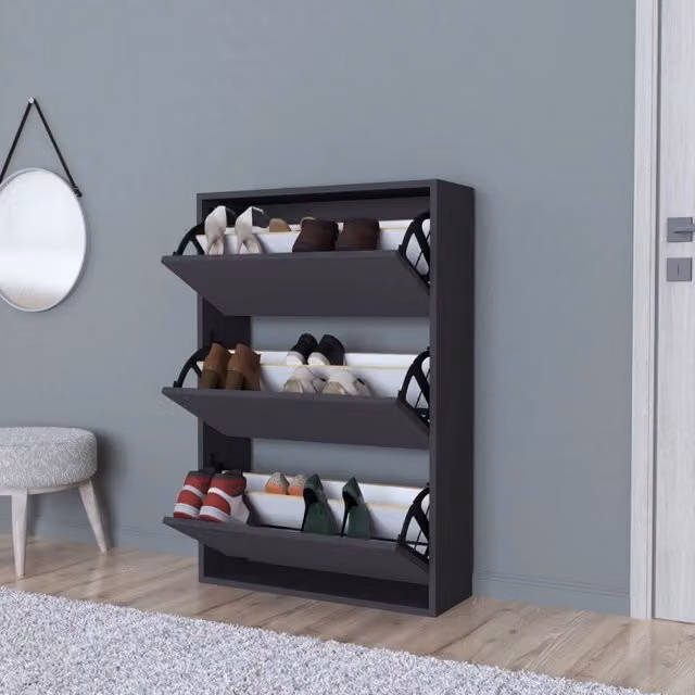 Scarpiera Salvaspazio Slim en.casa con 3 Contenitori Ribaltabili, Capienza 18 Paia, Antracite, L: 110 cm, H: 73,5 cm, P: 24 cm