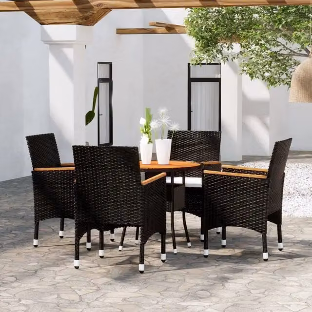 Set da pranzo per giardino e terrazzo vidaXL in polyrattan e legno di acacia con tavolo rotondo, 5 pezzi, nero e bianco