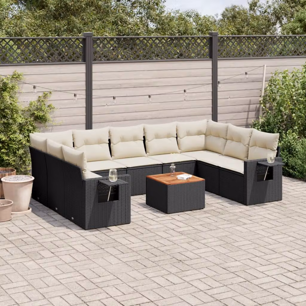 Set di divani da giardino vidaXL in polyrattan nero con cuscini e tavolino da esterno – 1