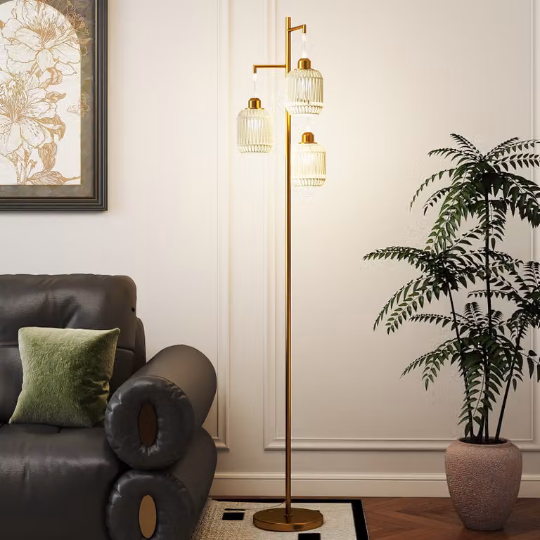 Costway Lampada da terra vintage con 3 paralumi a gabbia in metallo, attacco E27 e interruttore a pedale, colore Oro/Ottone