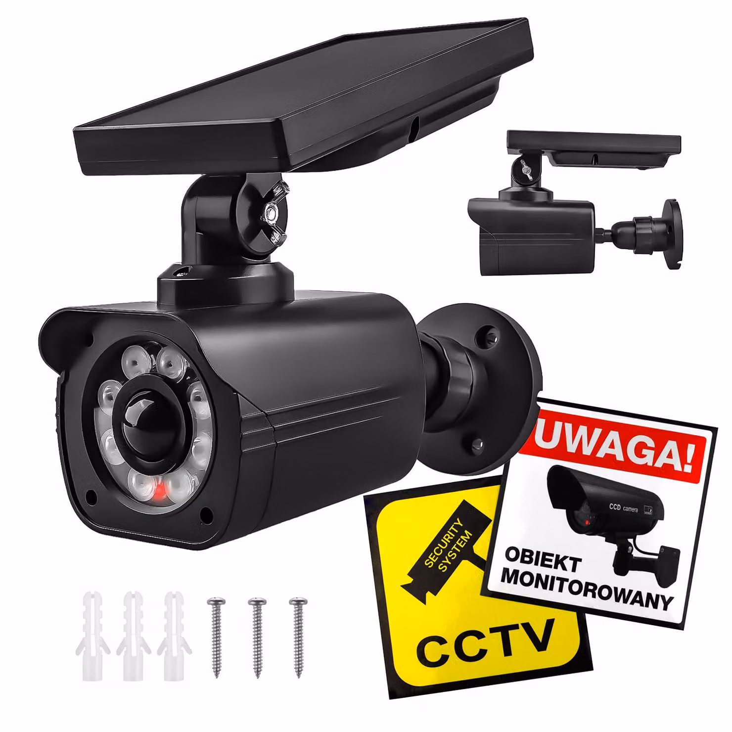 Falsa telecamera di sicurezza alimentata a energia solare, con LED lampeggianti, sensore di movimento e illuminazione a LED. Include adesivi. Modello: SOL1800S/B