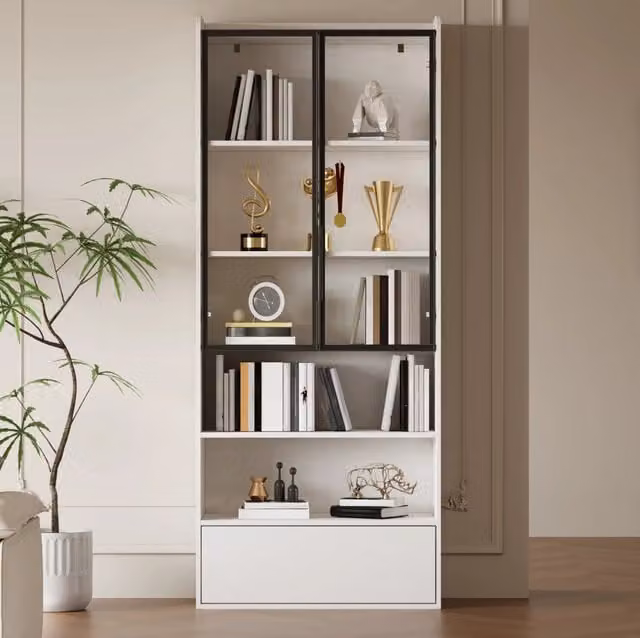 Vetrina alta MODFU con ante in vetro, illuminazione LED e cassetto, colore bianco, L: 80 cm, P: 34 cm, H: 180 cm