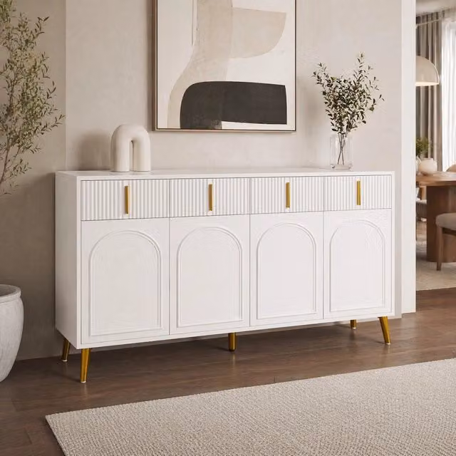 Credenza ULEVR 140x38x82 cm con 4 ante, 4 cassetti e 2 ripiani regolabili, MDF bianco con dettagli dorati