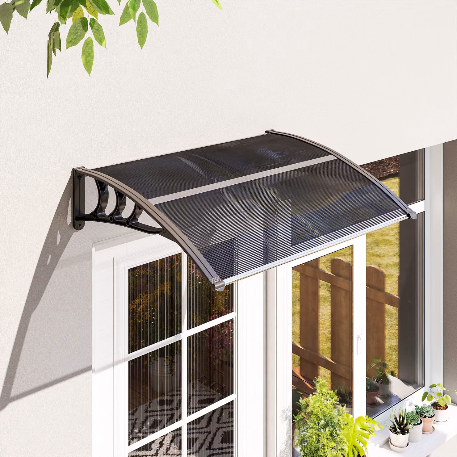Tettoia da esterno Outsunny in policarbonato anti-UV per porte e finestre, colore nero, L 100 cm x P 80 cm – 2