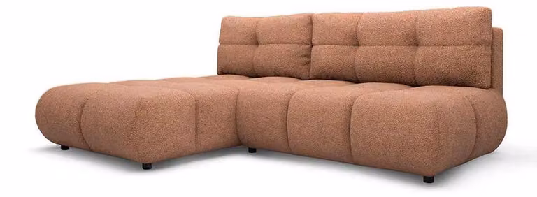 Divano angolare con funzione letto, modello Milorya, lato sinistro, rivestito in legno di noce "mattone"