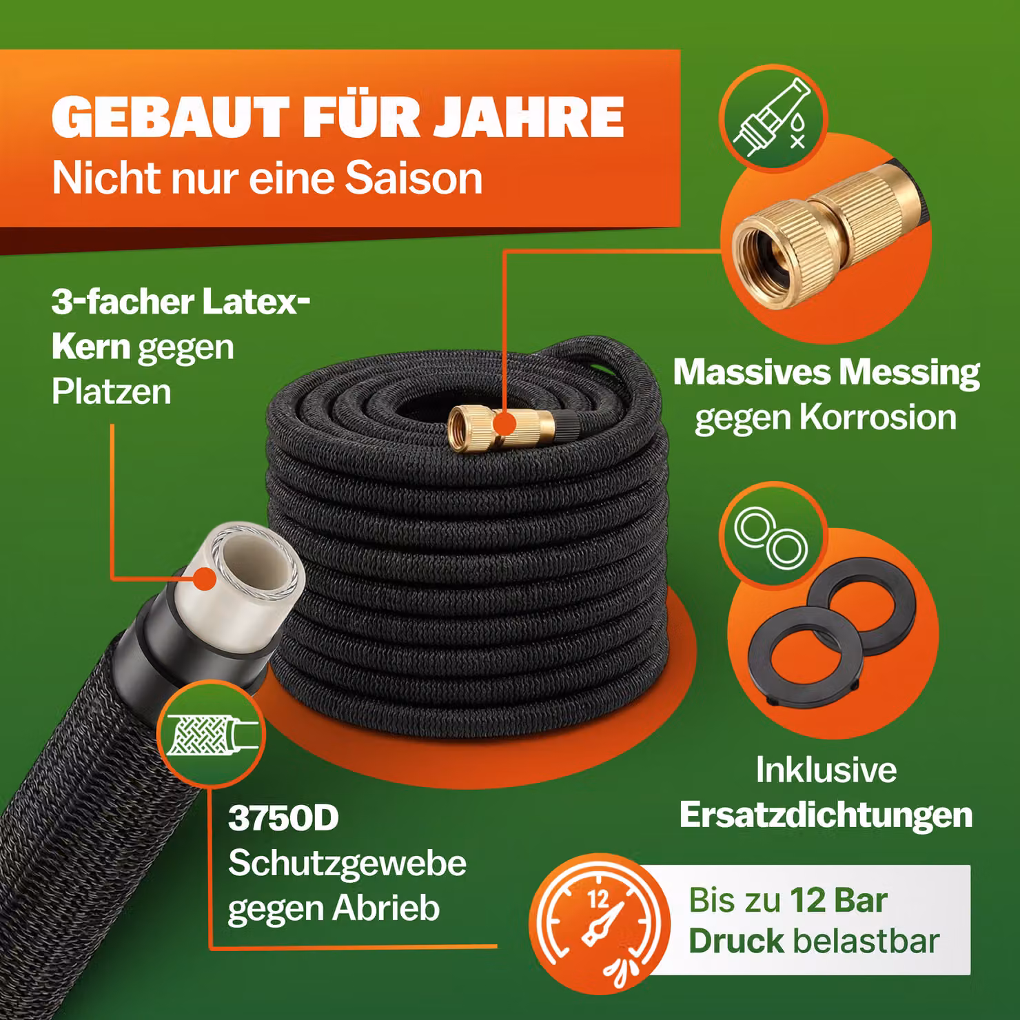 Tubo per irrigazione flessibile Gardebruk nero con supporto a parete in ottone e poliestere, lunghezza 7,5 m, attacco 1/2" – 2