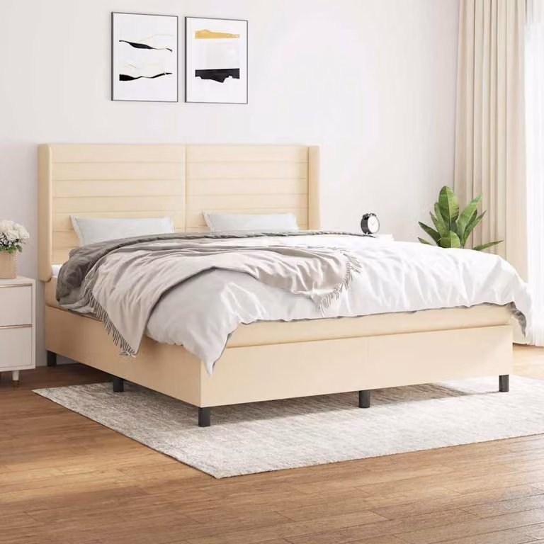 vidaXL Giroletto a Molle con Materasso in Tessuto Beige e Bianco L/P: 160 x 200 cm