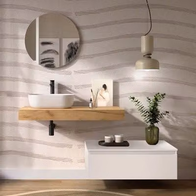 Composizione bagno Sumo con mensolone da 100 cm rovere africa e cassettiera sospesa da 80 cm bianco opaco