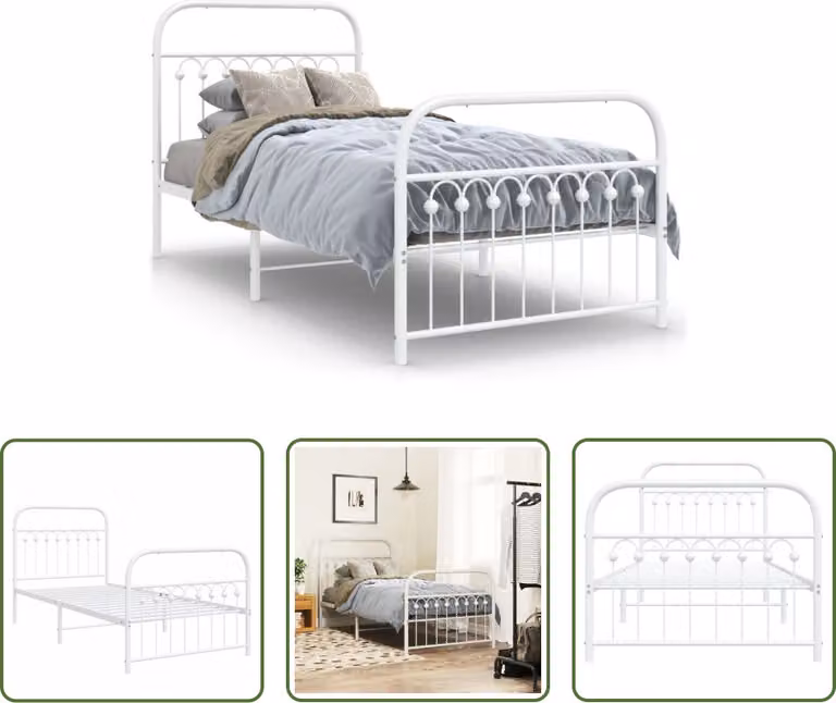 The Living Store Struttura letto con testiera e pediera in metallo bianco 90x200 cm