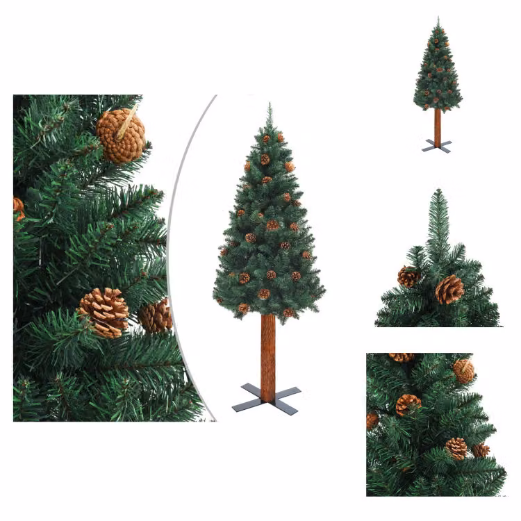 vidaXL Albero di Natale sottile con legno vero e pigne verde 180 cm PVC - Alberi di Natale