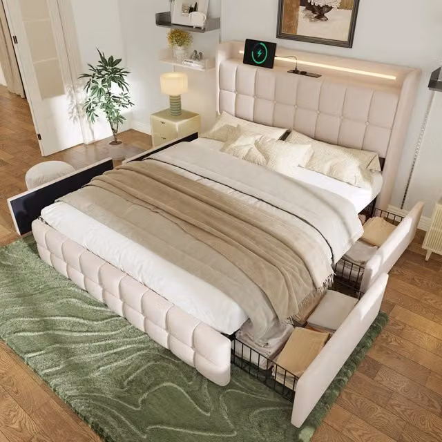 Letto matrimoniale 180 × 200 cm, 4 cassetti, prese e USB, LED regolabile, senza materasso, beige