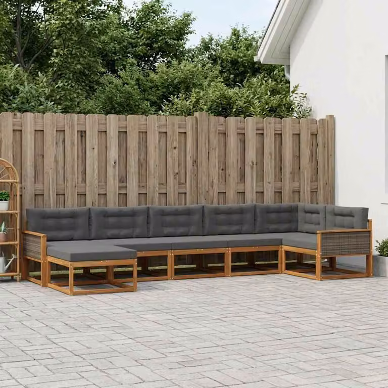 vidaXL Set di divani da esterno a L in legno di acacia con cuscini, 7 pezzi, Beige, Antracite e Marrone