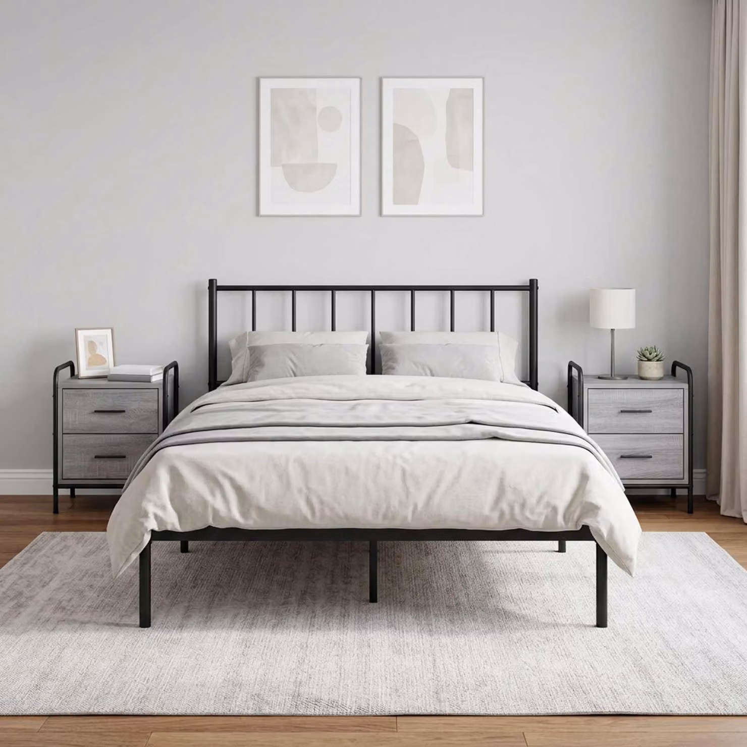 Set di 2 Armadi da Notte vidaXL Moderni in MDF e Metallo, Colore Grigio e Nero, L 40 x P 30 x H 50 cm