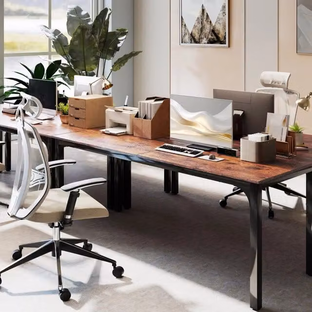 Scrivania da ufficio WISHDOR in stile industriale con piano rettangolare marrone e nero, L: 200 cm, P: 60 cm, H: 75 cm