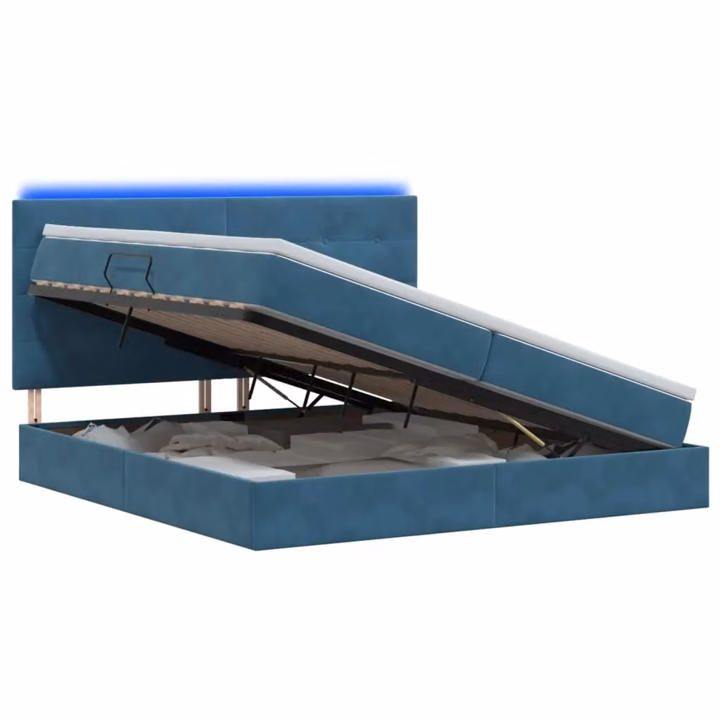 Letto con contenitore vidaXL in velluto blu con illuminazione LED e porta USB, L/P/H: 200 x 200 x 140 cm – 2