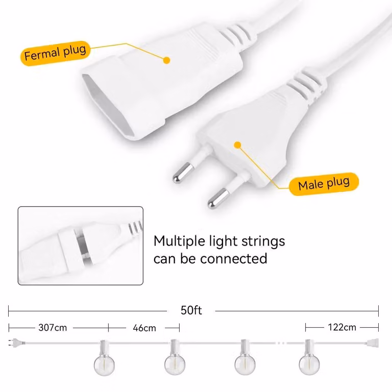 Catena luminosa a LED - Illuminazione esterna G40 - 15 metri (50 piedi) - 50 lampadine LED resistenti agli urti - Luce bianco caldo da 2200 K - Grado di protezione IP44 - Spina europea