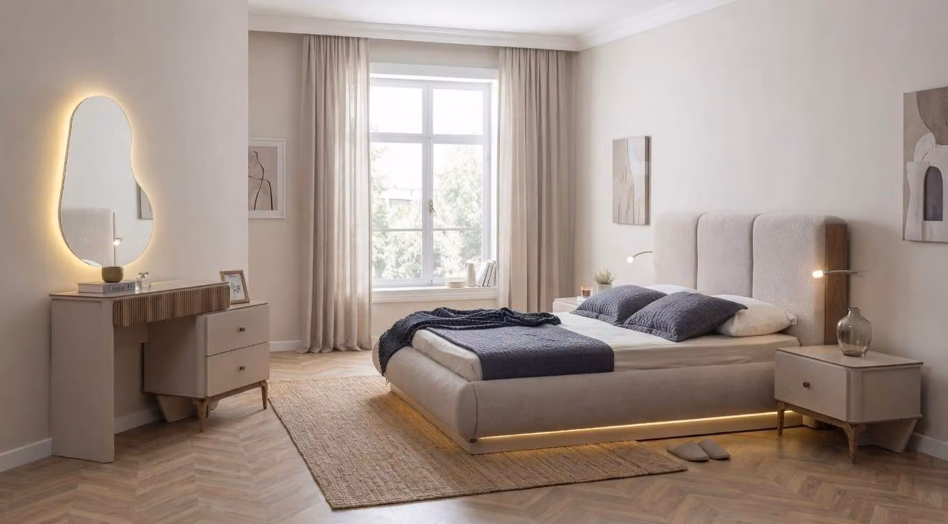Set completo per camera da letto elegante, composto da letto, comodini e tavolino da trucco, color beige