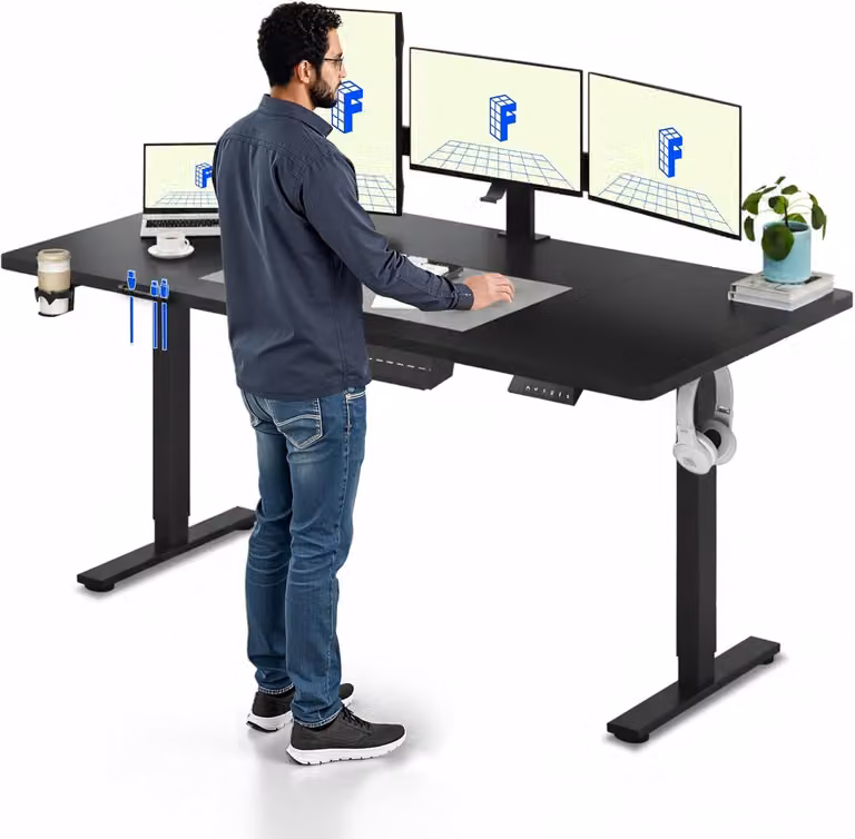 Scrivania regolabile in altezza elettricamente, dimensioni 180x80 cm, colore nero, con funzione di memoria e sistema di gestione dei cavi
