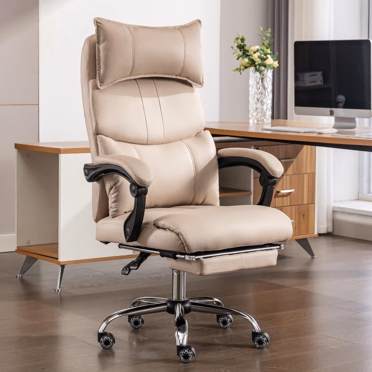 Sedia direzionale in Finto cuoio beige, ergonomica, regolabile in altezza, doppio supporto lombare