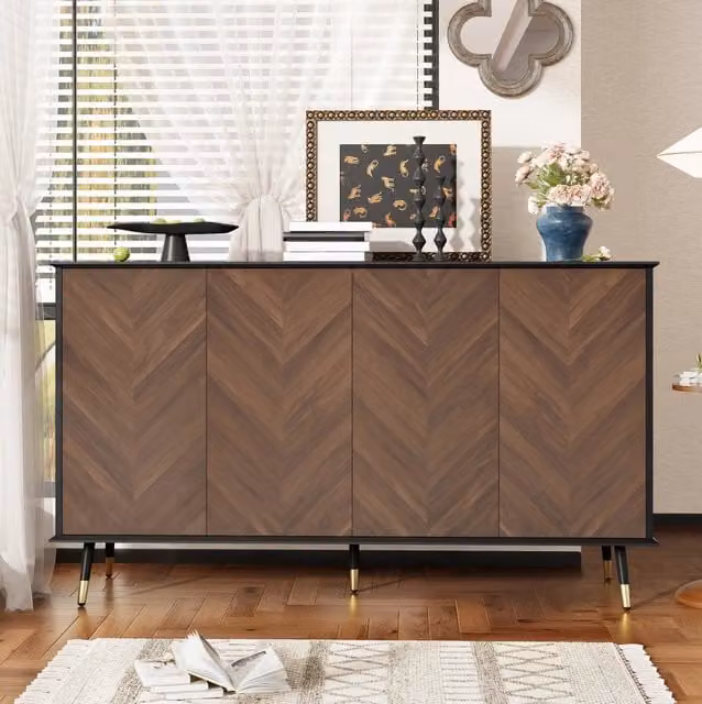 Credenza ULEVR 140x40x80 cm con 4 ante, ripiani regolabili e chiusura ammortizzata, MDF nero e marrone