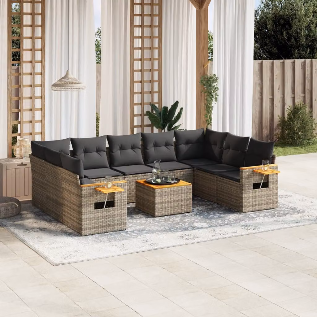 Set Divano da Giardino vidaXL 10 pz in Polyrattan Grigio con Cuscini e Tavolino da Esterno – 1