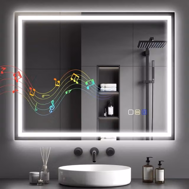 Specchio da bagno moderno DESIGN IN con luce LED regolabile, speaker Bluetooth e funzione antiappannante, L: 80 cm, H: 100 cm, colore argento o bianco – 1