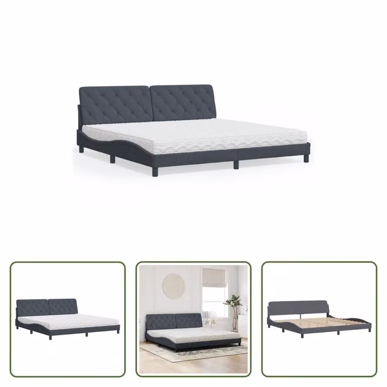 The Living Store Letto con materasso grigio scuro 200x200 cm in velluto