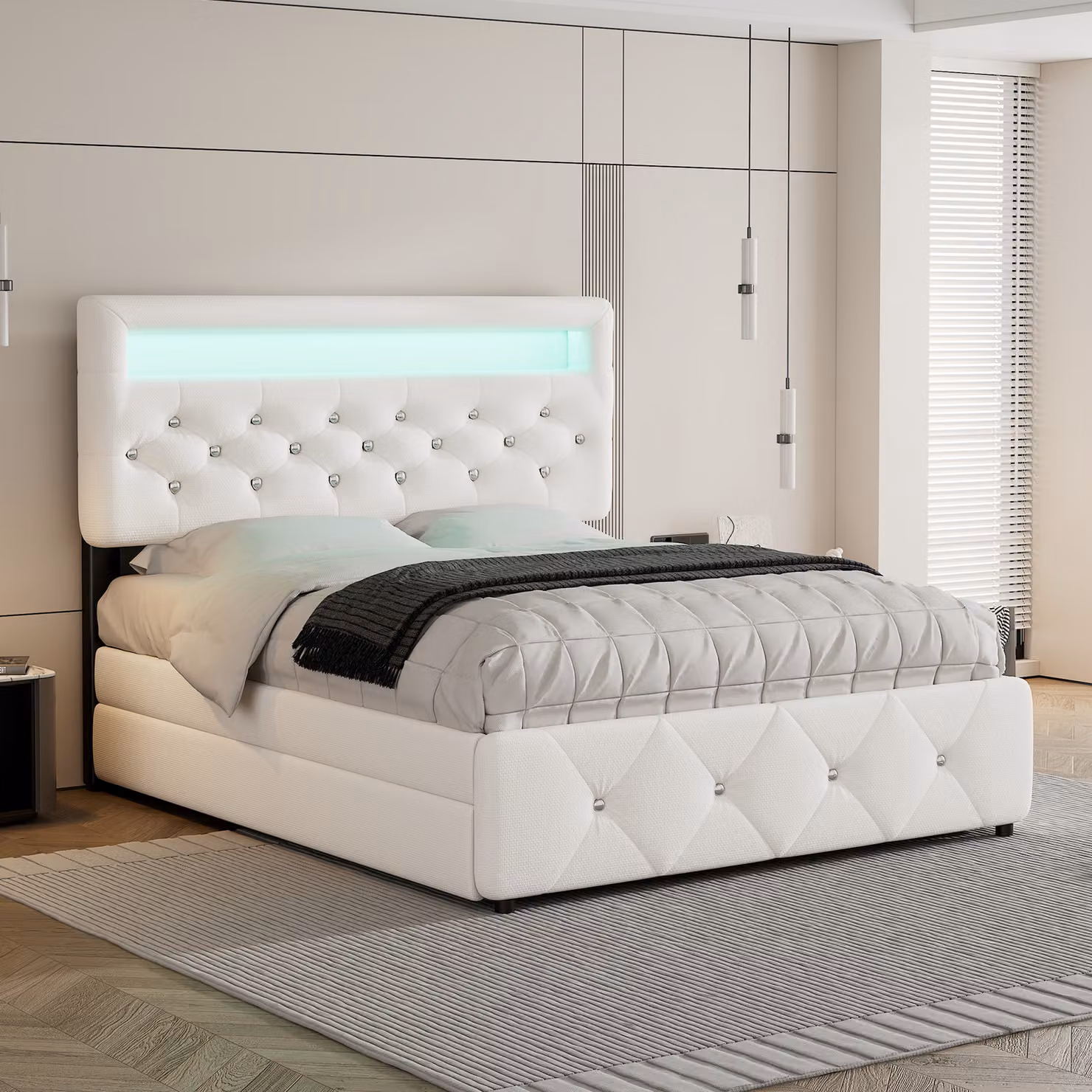 MODFU Letto imbottito Funzionale 140x200 cm con letto estraibile 90x190 cm, con contenitore e illuminazione LED e 2 cassetti, Bianco(Senza materasso)