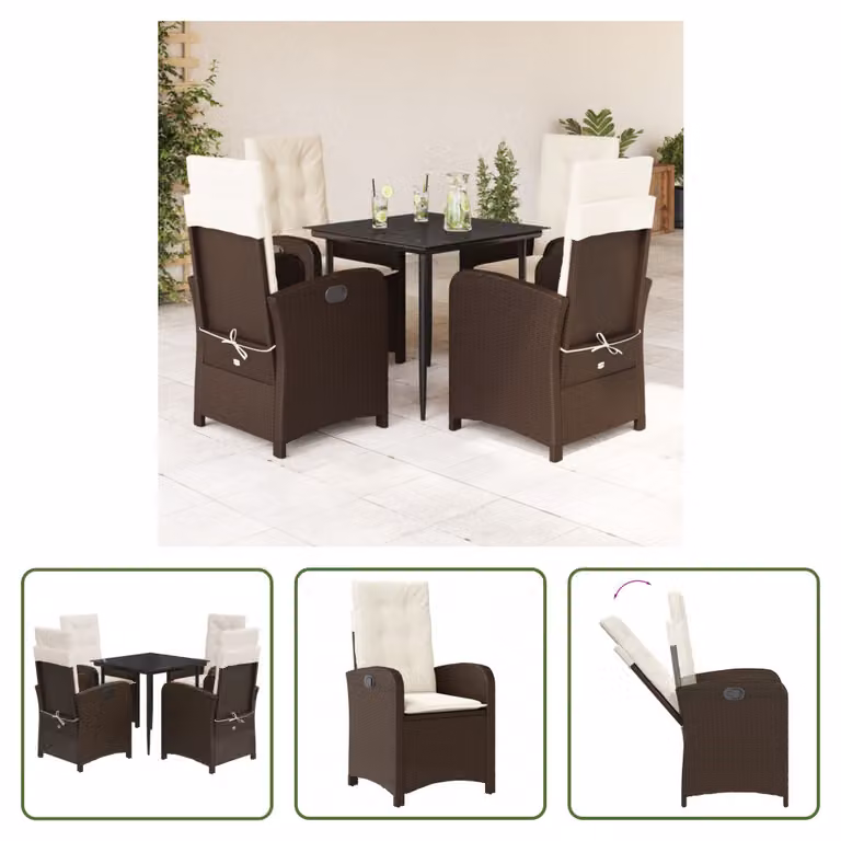 The Living Store Set da pranzo da giardino 5 pezzi con cuscini in polirattan marrone