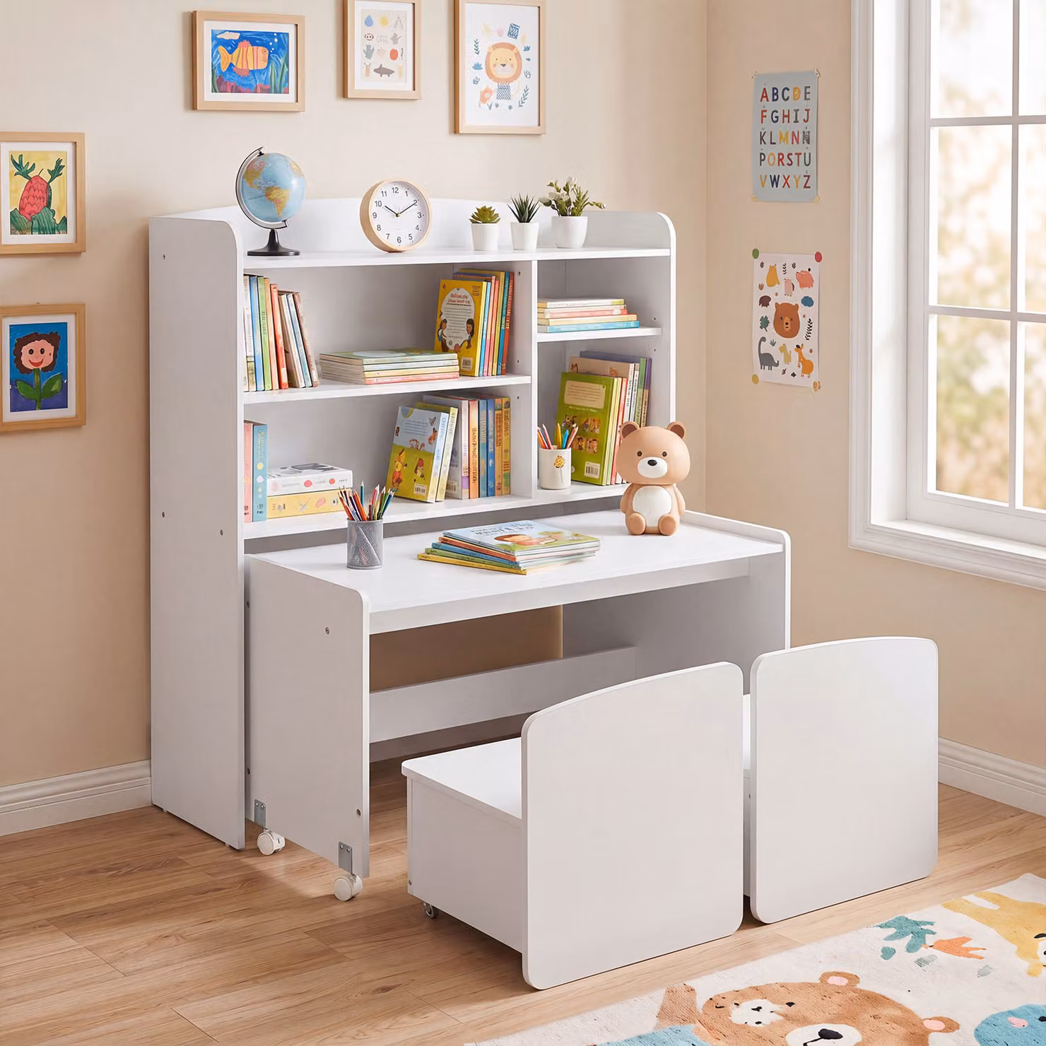 Costway 3 in 1 scaffale per giocattoli per bambini con scrivania libreria con ruote 2 sedie e scomparti aperti, Scaffale per cameretta e soggiorno Bianco