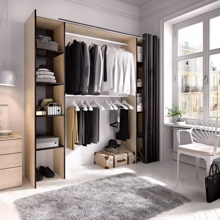 Dmora Guardaroba Grande Acron 50x205h cm Marrone Rovere, Appendiabiti Apertura Tenda