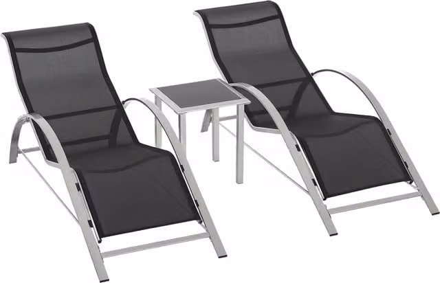 Set di 2 Sdraio da Giardino Outsunny con Tavolino in Vetro, Lettini Prendisole in Tessuto Traspirante Nero e Grigio, L/P/H: 169 x 59 x 66 cm