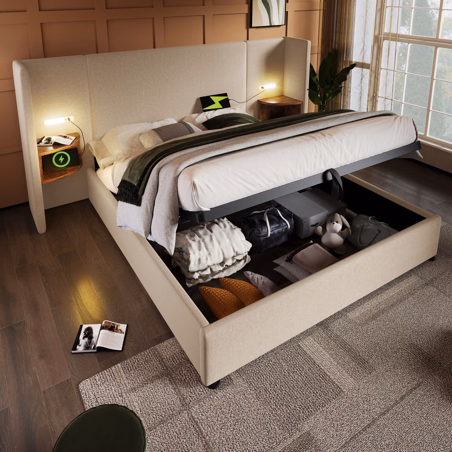 Letto imbottito idraulico Flieks 180x200cm con comodino e funzione cassetto, letto matrimoniale contenitore letto a molle con lampada da lettura, lino, beige