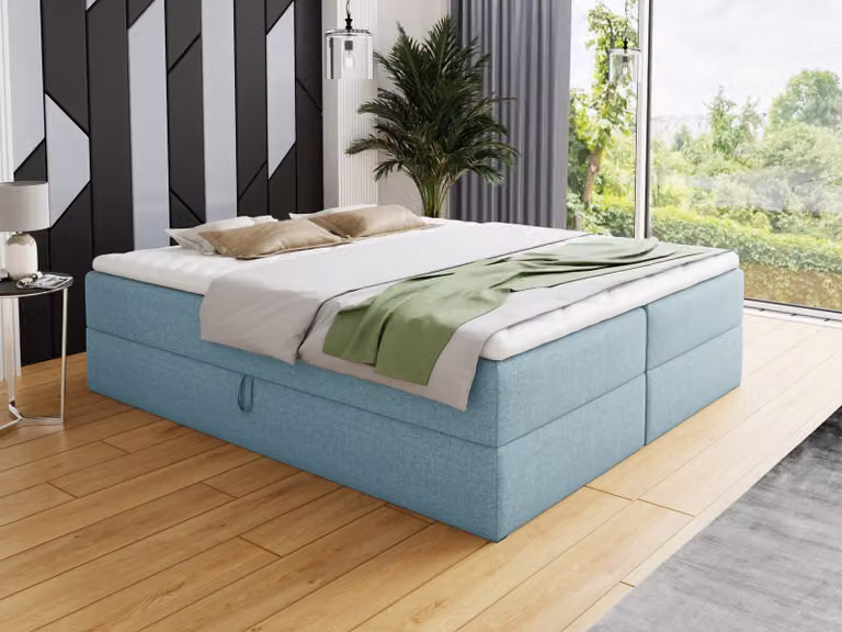 Letto boxspring Base con 2 cassetti - Letto matrimoniale con materasso Bonell e topper, letto imbottito, letto indipendente (blu (Vidar 83), 180 x 200 cm)