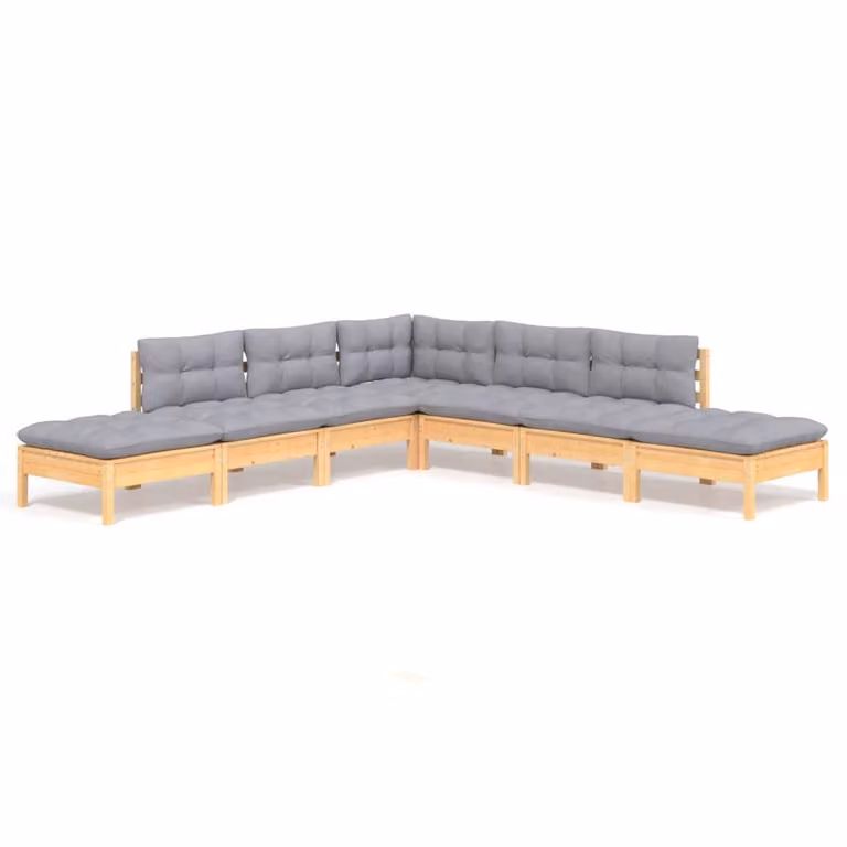Set Divani da Giardino 7 pz con Cuscini Grigi Massello di Pino