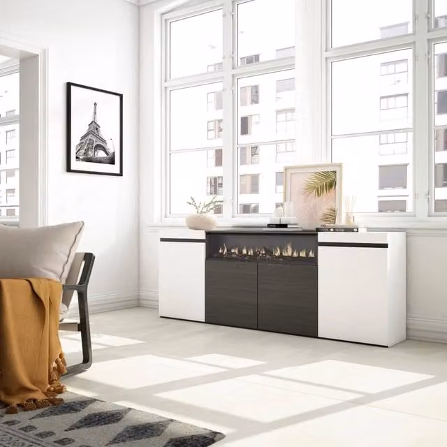 Credenza, Mobile, 200x35x75cm, 4 Porte, Camino elettrico, Bianco e nero RF2302