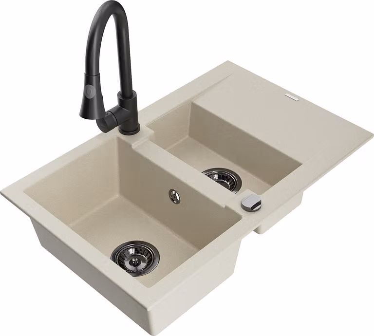 Mexen Gaspar lavello in granito a 1,5 vasca con scolapiatti e miscelatore cucina Elia, beige - 6507-69-670101-70
